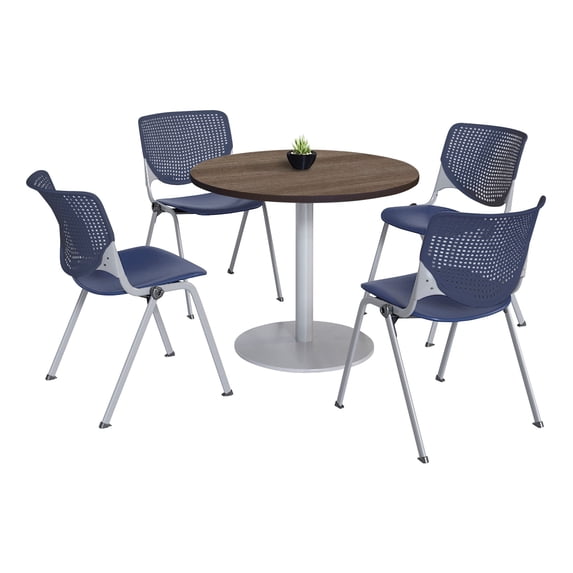 KFI Studios Mode Round 3' Dining Table Set, Studio Teak, 4 Navy KOOL Chairs