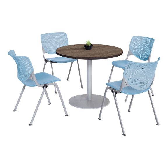 KFI Studios Mode Round 3' Dining Table Set, Studio Teak, 4 Sky Blue KOOL Chairs
