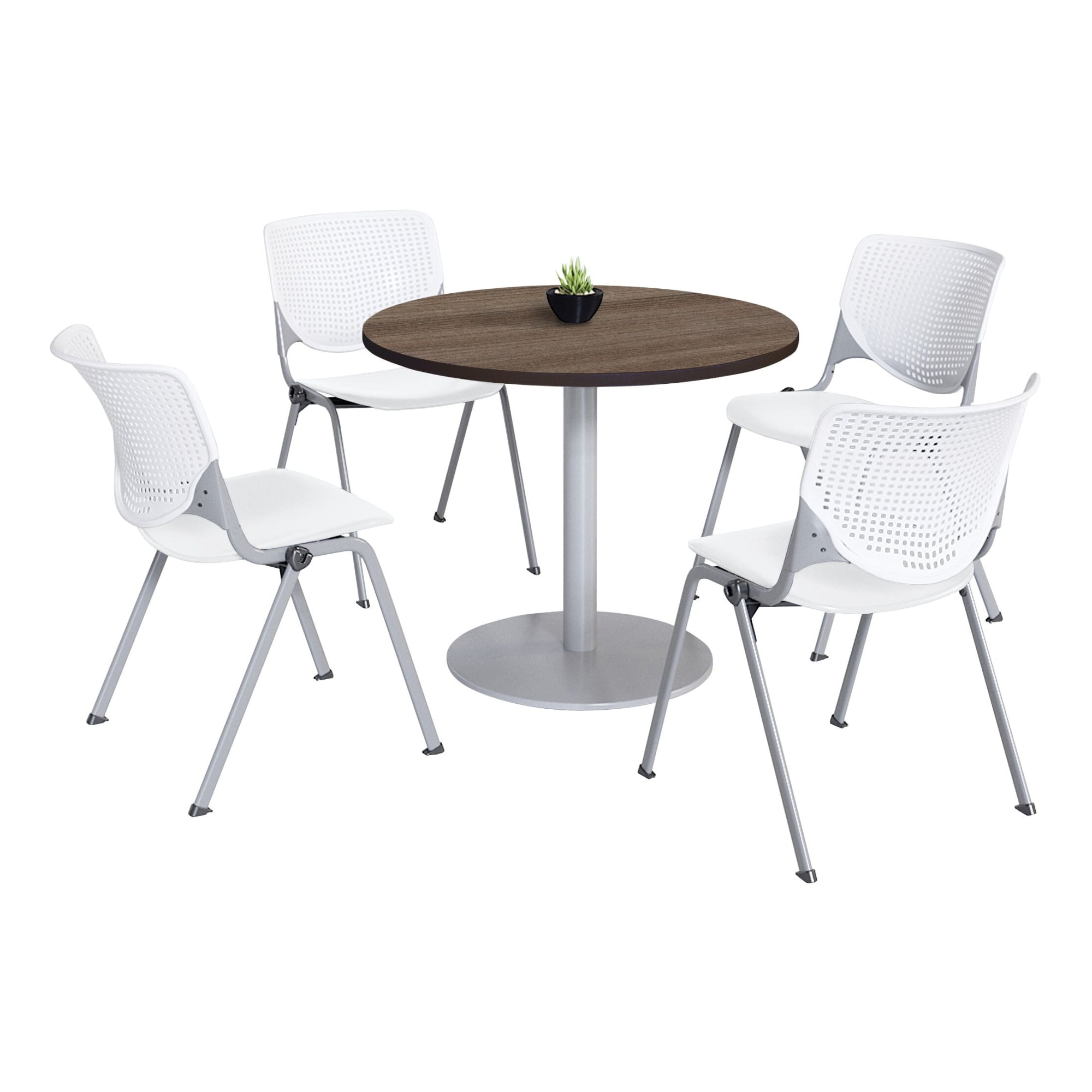 Teak and White 36" Round Pedestal Table with 4 Polypropylene Chairs