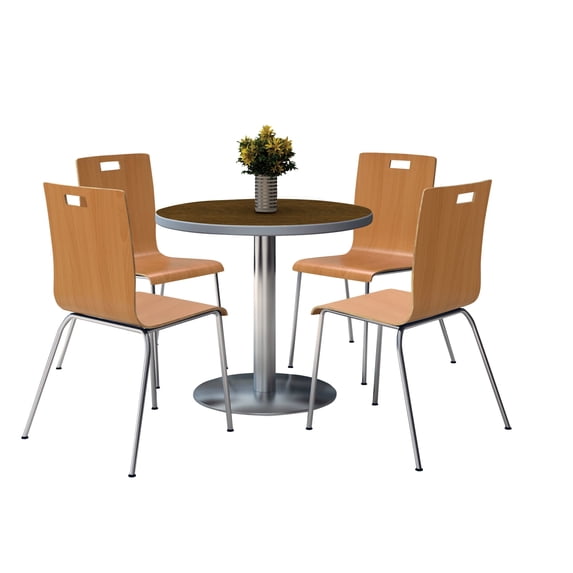 KFI Studios Mode Round 3' Dining Table Set, Walnut, 4 Natural Jive Chairs