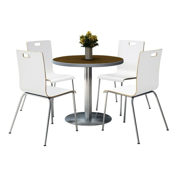 KFI Studios Mode Round 3' Dining Table Set, Walnut, 4 White Jive Chairs