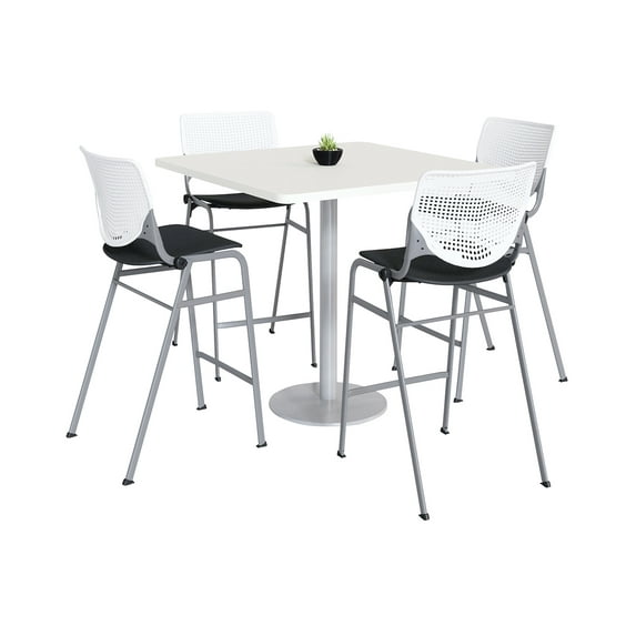 KFI Studios Mode Square 3.5' Bistro Table Set, Designer White, 4 Black KOOL Barstools