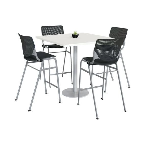 KFI Studios Mode Square 3.5' Bistro Table Set, Designer White, 4 Black KOOL Barstools