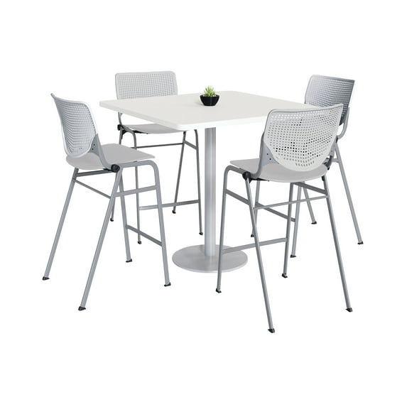KFI Studios Mode Square 3.5' Bistro Table Set, Designer White, 4 Light Grey KOOL Barstools
