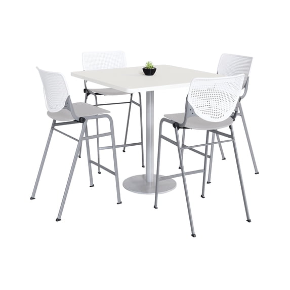 KFI Studios Mode Square 3.5' Bistro Table Set, Designer White, 4 Light Grey KOOL Barstools