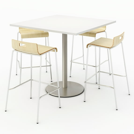 KFI Studios Mode Square 3.5' Bistro Table Set, Designer White, 4 Natural Jive Barstools