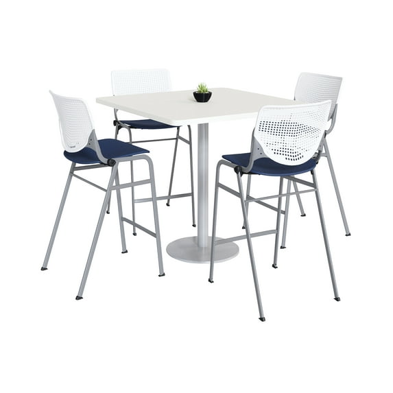 KFI Studios Mode Square 3.5' Bistro Table Set, Designer White, 4 Navy KOOL Barstools