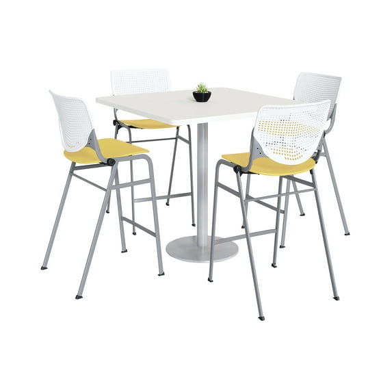 KFI Studios Mode Square 3.5' Bistro Table Set, Designer White, 4 Yellow KOOL Barstools