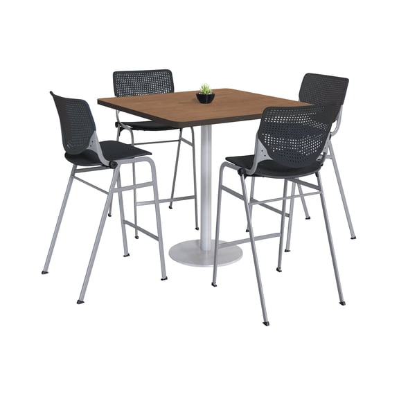 KFI Studios Mode Square 3.5' Bistro Table Set, River Cherry, 4 Black KOOL Barstools