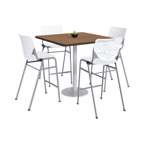 KFI Studios Mode Square 3.5' Bistro Table Set, River Cherry, 4 White KOOL Barstools