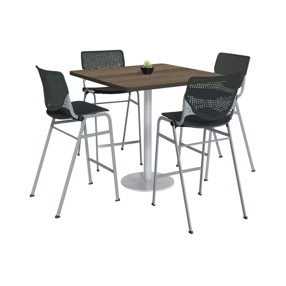 KFI Studios Mode Square 3.5' Bistro Table Set, Studio Teak, 4 Black KOOL Barstools