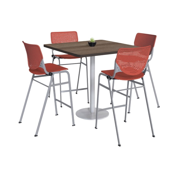 KFI Studios Mode Square 3.5' Bistro Table Set, Studio Teak, 4 Coral KOOL Barstools