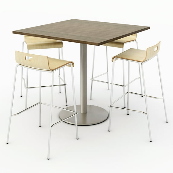 KFI Studios Mode Square 3.5' Bistro Table Set, Studio Teak, 4 Natural Jive Barstools