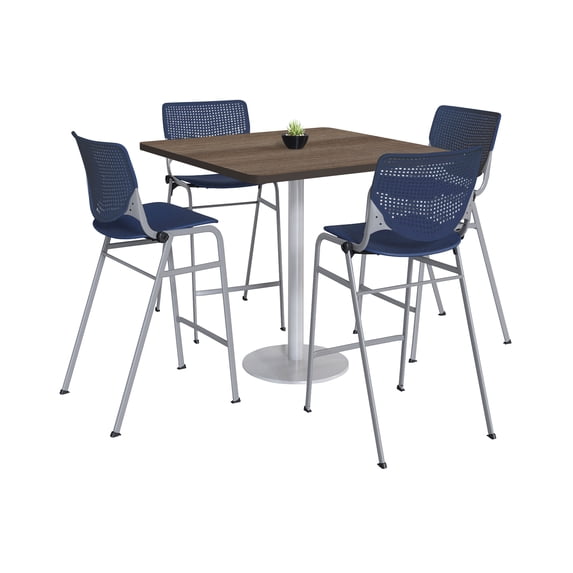 KFI Studios Mode Square 3.5' Bistro Table Set, Studio Teak, 4 Navy KOOL Barstools