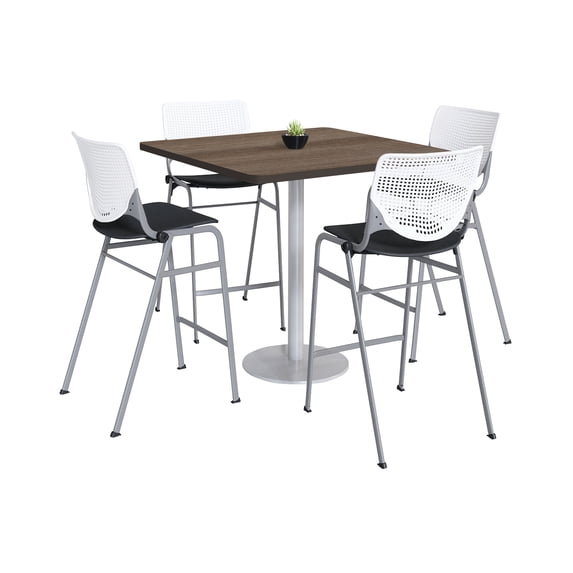 KFI Studios Mode Square 3.5' Bistro Table Set, Studio Teak, 4 White & Black KOOL Barstools