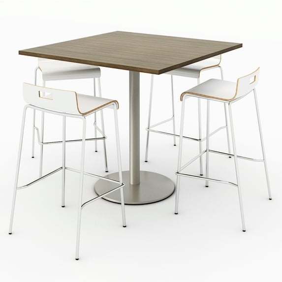 KFI Studios Mode Square 3.5' Bistro Table Set, Studio Teak, 4 White Jive Barstools
