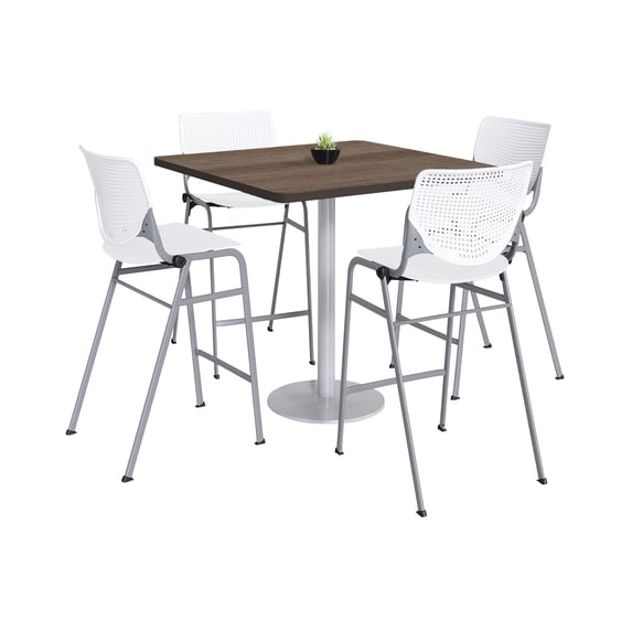 KFI Studios Mode Square 3.5' Bistro Table Set, Studio Teak, 4 White KOOL Barstools