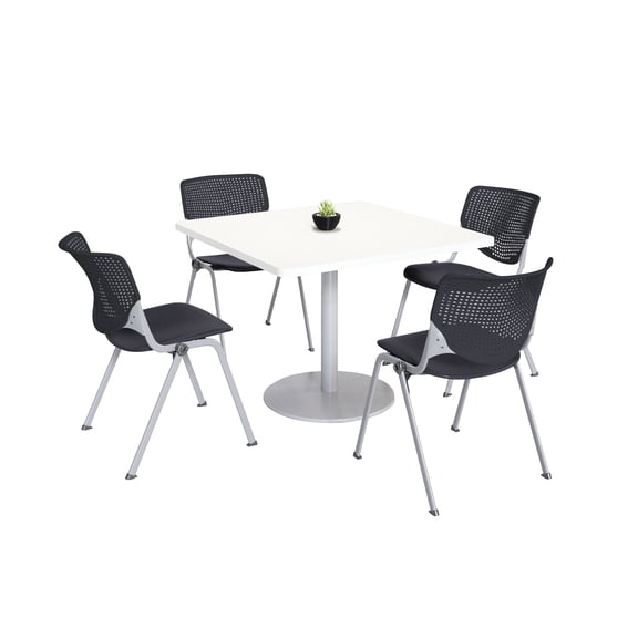 KFI Studios Mode Square 3.5' Dining Table Set, Designer White, 4 Black KOOL Chairs
