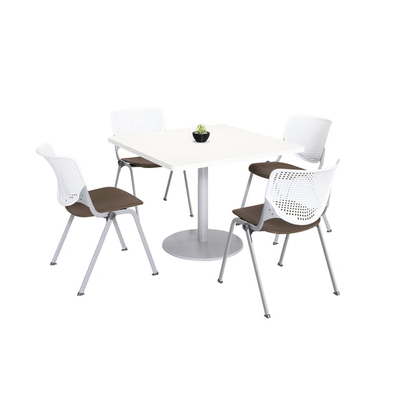 KFI Studios Mode Square 3.5' Dining Table Set, Designer White, 4 Brownstone KOOL Chairs