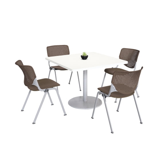 KFI Studios Mode Square 3.5' Dining Table Set, Designer White, 4 Brownstone KOOL Chairs