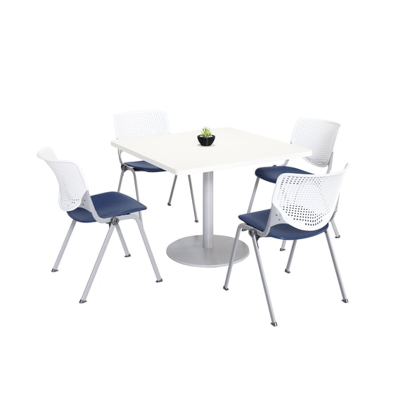 KFI Studios Mode Square 3.5' Dining Table Set, Designer White, 4 Navy KOOL Chairs