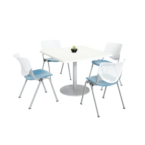 KFI Studios Mode Square 3.5' Dining Table Set, Designer White, 4 Sky Blue KOOL Chairs