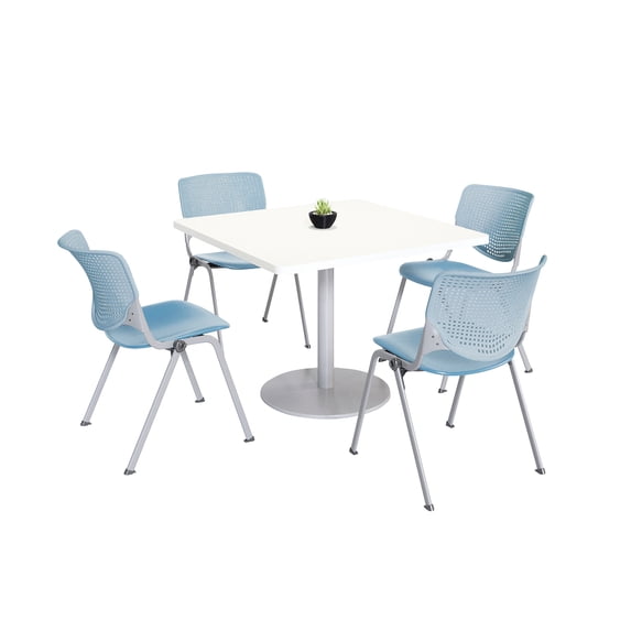 KFI Studios Mode Square 3.5' Dining Table Set, Designer White, 4 Sky Blue KOOL Chairs