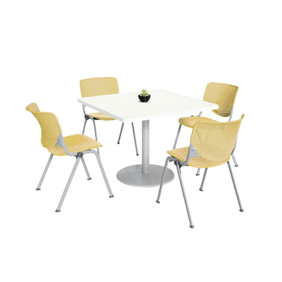 KFI Studios Mode Square 3.5' Dining Table Set, Designer White, 4 Yellow KOOL Chairs