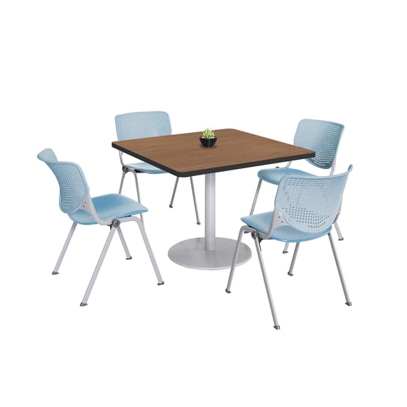 KFI Studios Mode Square 3.5' Dining Table Set, River Cherry, 4 Sky Blue KOOL Chairs