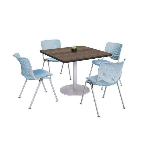 KFI Studios Mode Square 3.5' Dining Table Set, Studio Teak, 4 Sky Blue KOOL Chairs