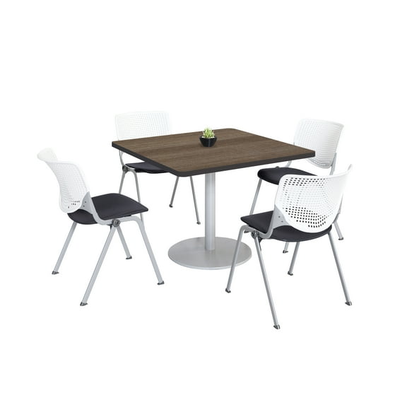 KFI Studios Mode Square 3.5' Dining Table Set, Studio Teak, 4 White & Black KOOL Chairs