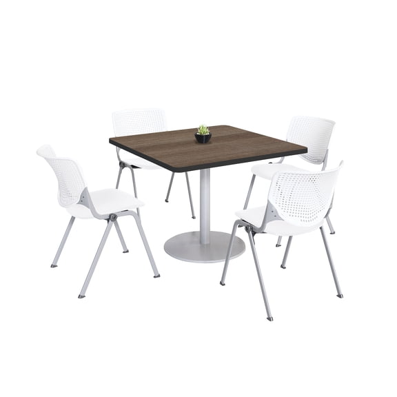 KFI Studios Mode Square 3.5' Dining Table Set, Studio Teak, 4 White KOOL Chairs
