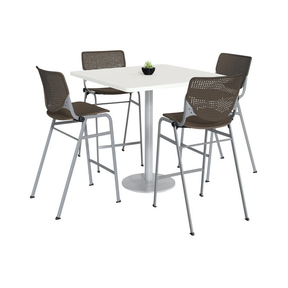 KFI Studios Mode Square 3' Bistro Table Set, Designer White, 4 Brownstone KOOL Barstools
