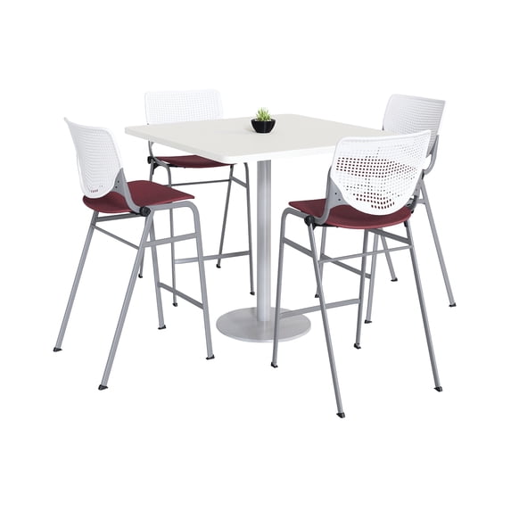 KFI Studios Mode Square 3' Bistro Table Set, Designer White, 4 Burgundy KOOL Barstools