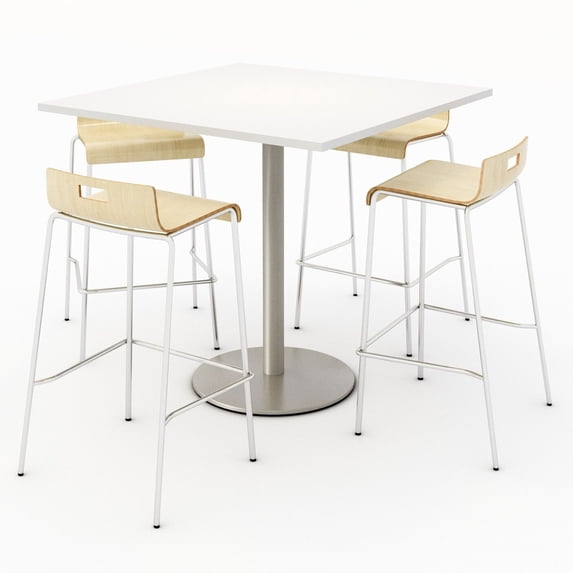 KFI Studios Mode Square 3' Bistro Table Set, Designer White, 4 Natural Jive Barstools