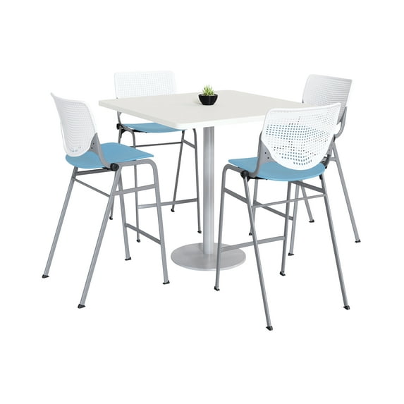 KFI Studios Mode Square 3' Bistro Table Set, Designer White, 4 Sky Blue KOOL Barstools