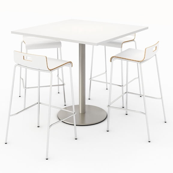 KFI Studios Mode Square 3' Bistro Table Set, Designer White, 4 White Jive Barstools