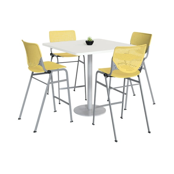 KFI Studios Mode Square 3' Bistro Table Set, Designer White, 4 Yellow KOOL Barstools