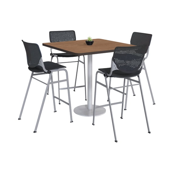 KFI Studios Mode Square 3' Bistro Table Set, River Cherry, 4 Black KOOL Barstools
