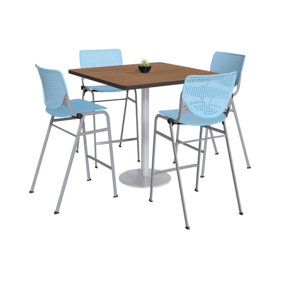 KFI Studios Mode Square 3' Bistro Table Set, River Cherry, 4 Sky Blue KOOL Barstools