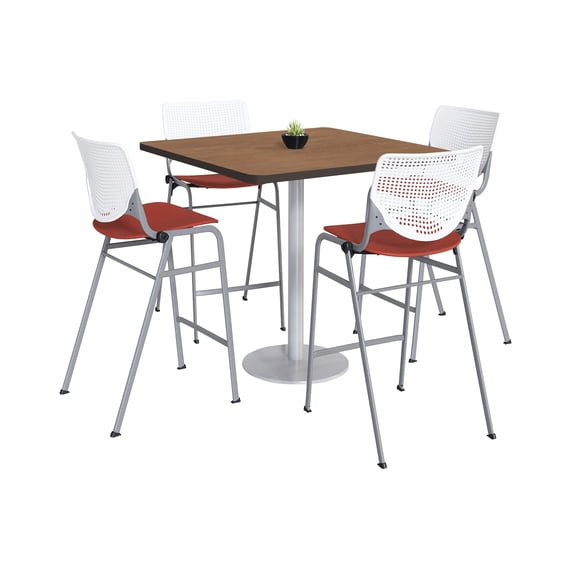 KFI Studios Mode Square 3' Bistro Table Set, River Cherry, 4 White & Coral KOOL Barstools