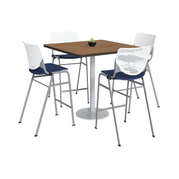 KFI Studios Mode Square 3' Bistro Table Set, River Cherry, 4 White & Navy KOOL Barstools