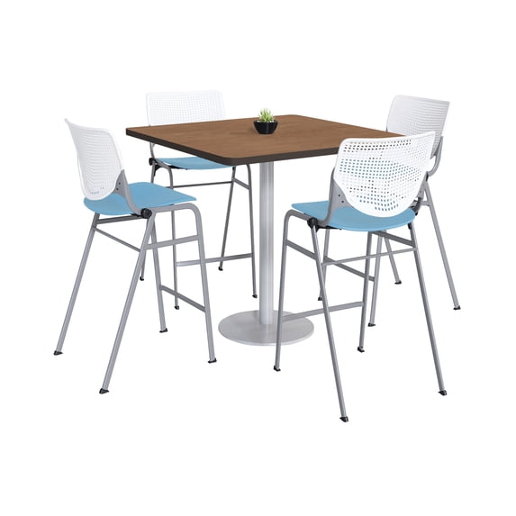 KFI Studios Mode Square 3' Bistro Table Set, River Cherry, 4 White & Sky Blue KOOL Barstools