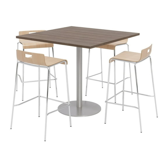 KFI Studios Mode Square 3' Bistro Table Set, Studio Teak, 4 Natural Jive Barstools