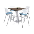 thumbnail image 1 of KFI Studios Mode Square 3' Bistro Table Set, Studio Teak, 4 White & Sky Blue KOOL Barstools, 1 of 1