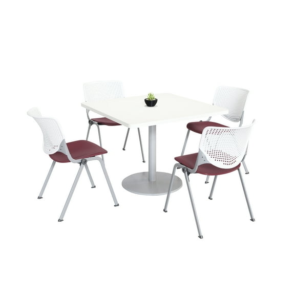 KFI Studios Mode Square 3' Dining Table Set, Designer White, 4 Burgundy KOOL Chairs