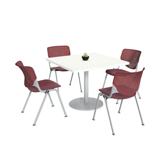 KFI Studios Mode Square 3' Dining Table Set, Designer White, 4 Burgundy KOOL Chairs