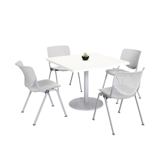 KFI Studios Mode Square 3' Dining Table Set, Designer White, 4 Light Grey KOOL Chairs
