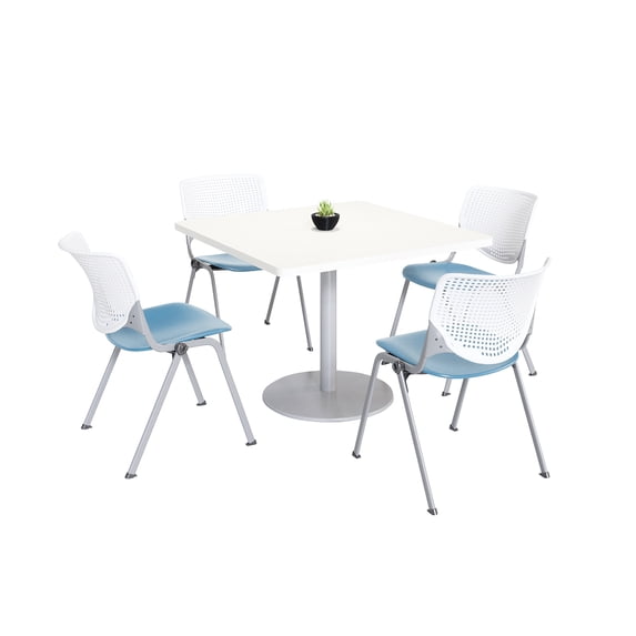 KFI Studios Mode Square 3' Dining Table Set, Designer White, 4 Sky Blue KOOL Chairs