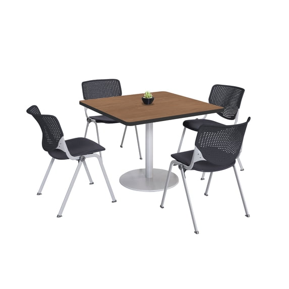 KFI Studios Mode Square 3' Dining Table Set, River Cherry, 4 Black KOOL Chairs